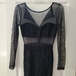 Foreign Exchange Mesh Long Sleeve Black Shiny Dress